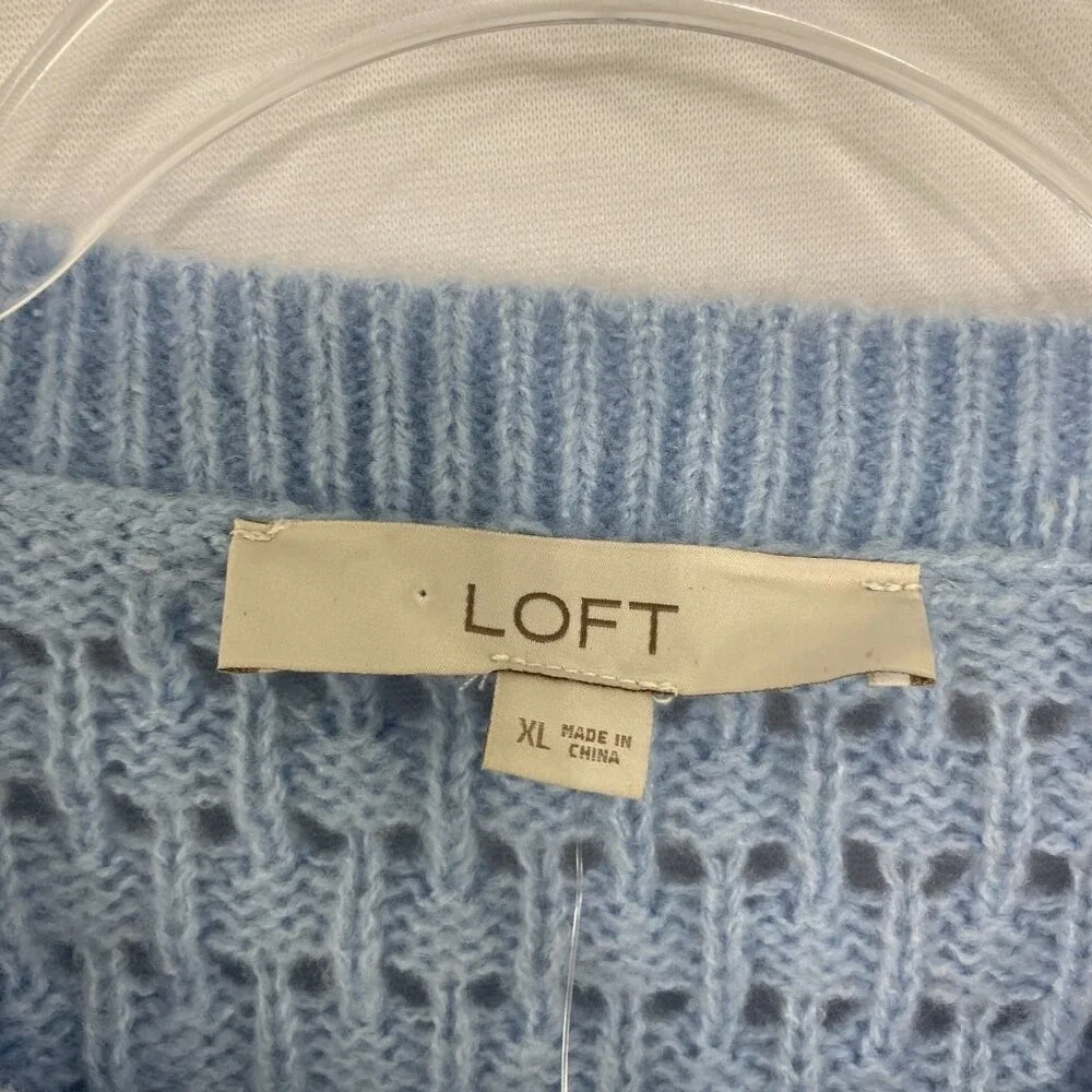 New LOFT size XL Light Blue Open Knit Ruffle Detail Elegant‎ Preppy Sweater